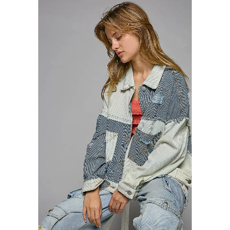 POL Women's Patchwork Denim Oversized Jacket