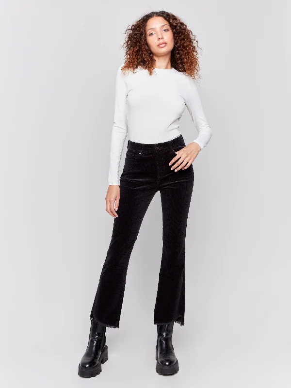 Bootcut Corduroy Pants with Asymmetrical Hem - Black