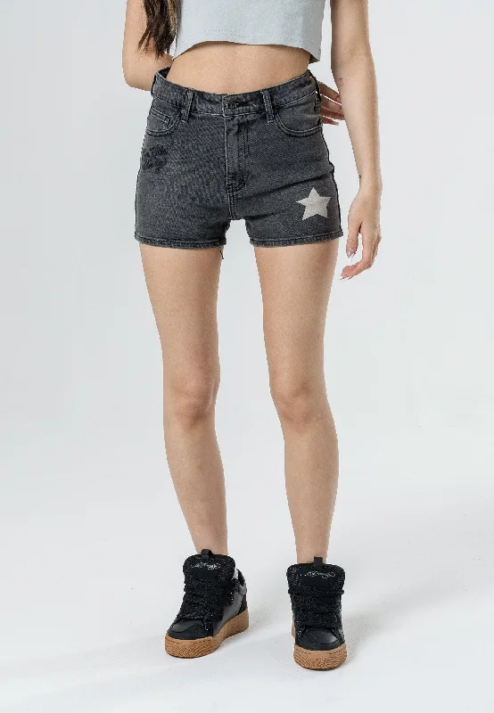 Womens Doodle-Star Denim Shorts - Washed Black