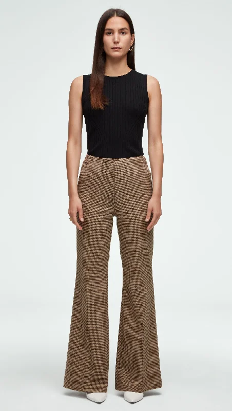 High-Waisted Flare Trouser in Stretch Wool | Brown Houndstooth