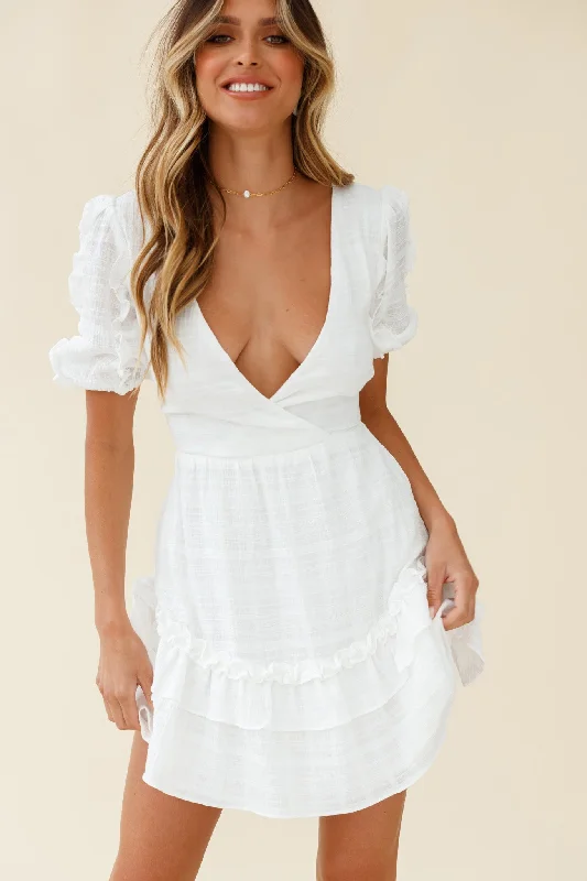 Andes Puff Sleeve Key-Hole Back Dress White