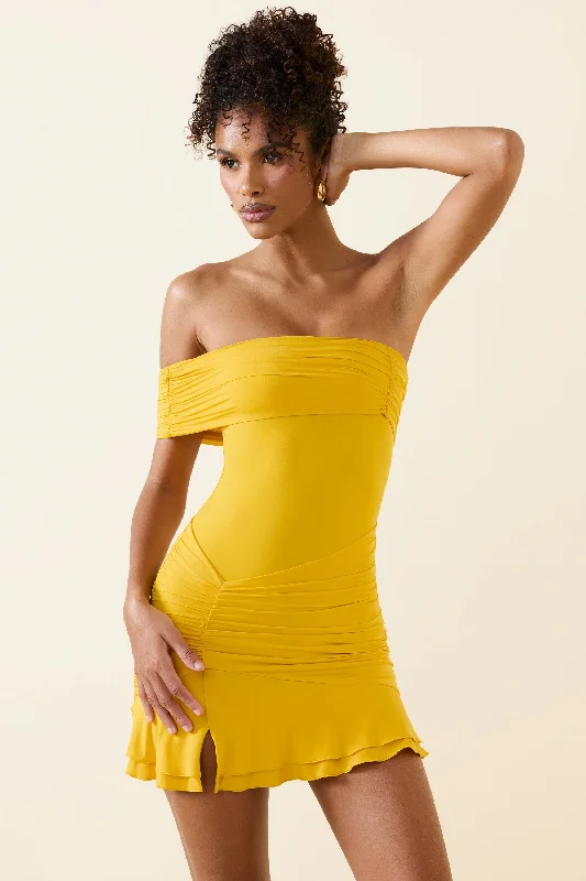 Asymmetric Ruched One-Shoulder Mini Dress in Golden Yellow