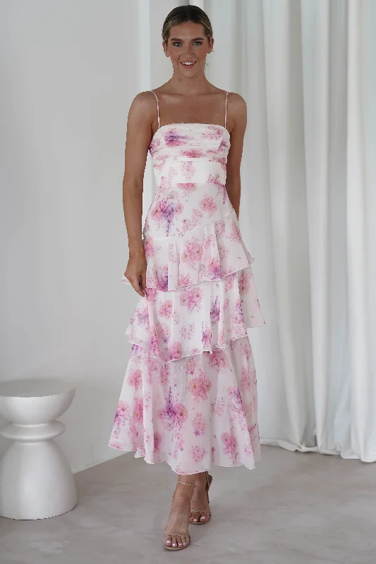 Becca Ruffle Floral Maxi Dress | White/Pink