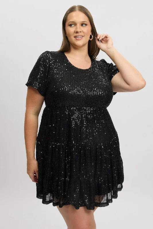 Black Sequin Tiered Swing Dress