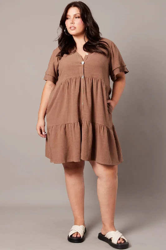 Brown Button Frill Slv Dress