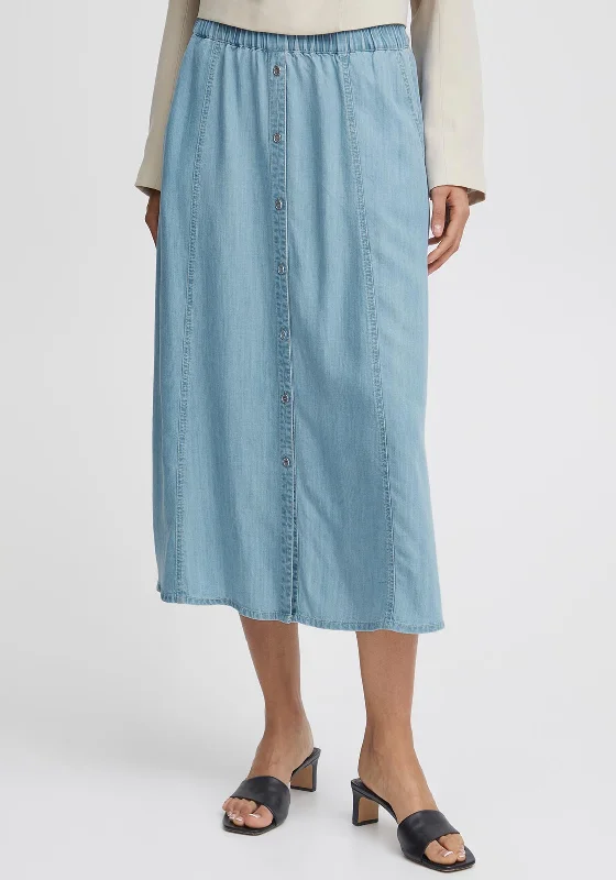 B.Young Lana Button Placket Midi Denim Skirt, Light Blue Denim