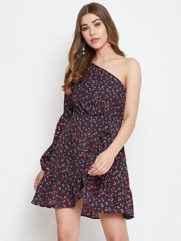 Berrylush Women Navy Blue Floral Printed One-Shoulder Asymmetrical A-Line Mini Dress