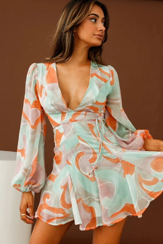 Estelle Long Sleeve V-Neckline Dress Swirl Print Orange/Mint