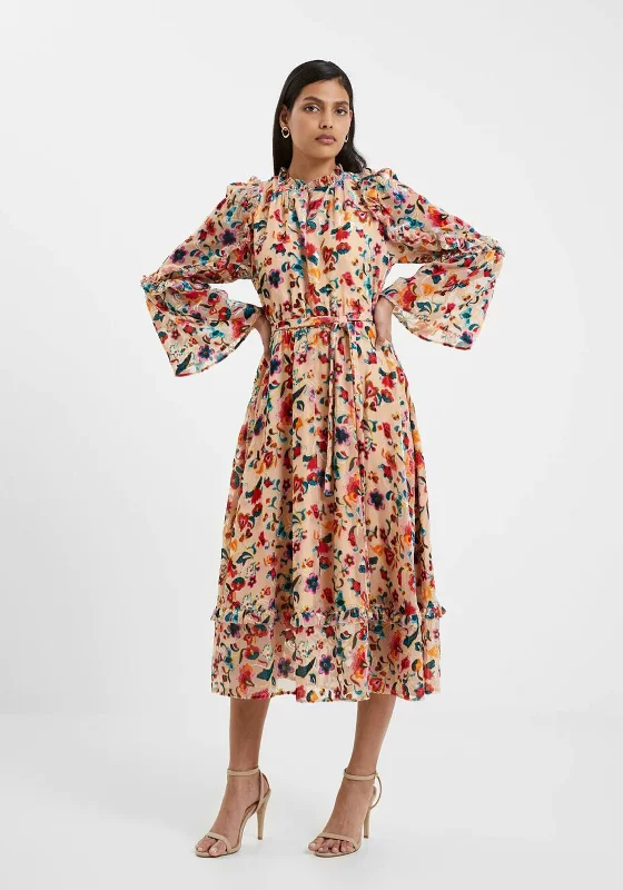 French Connection Avery Burn-Out Midi Dress, Toasted Almond