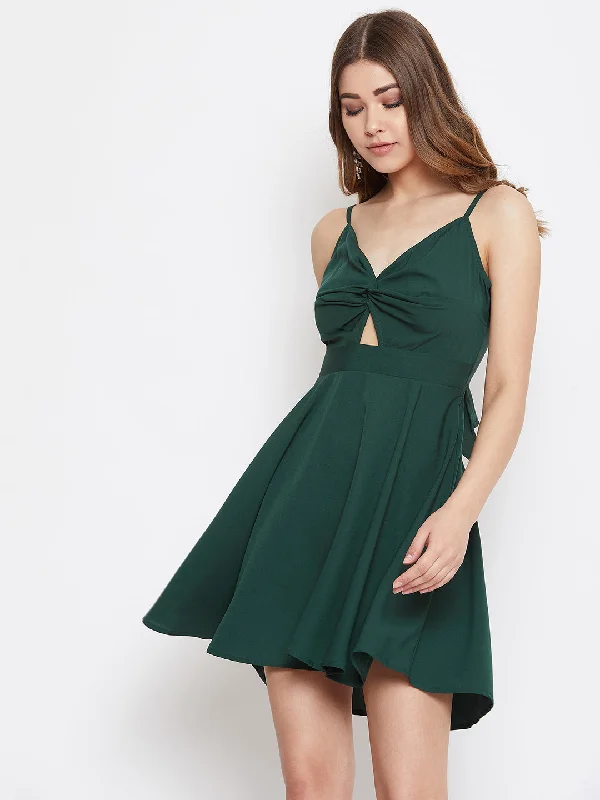 Berrylush Women Solid Dark Green Front Twisted Fit & Flare Mini Dress