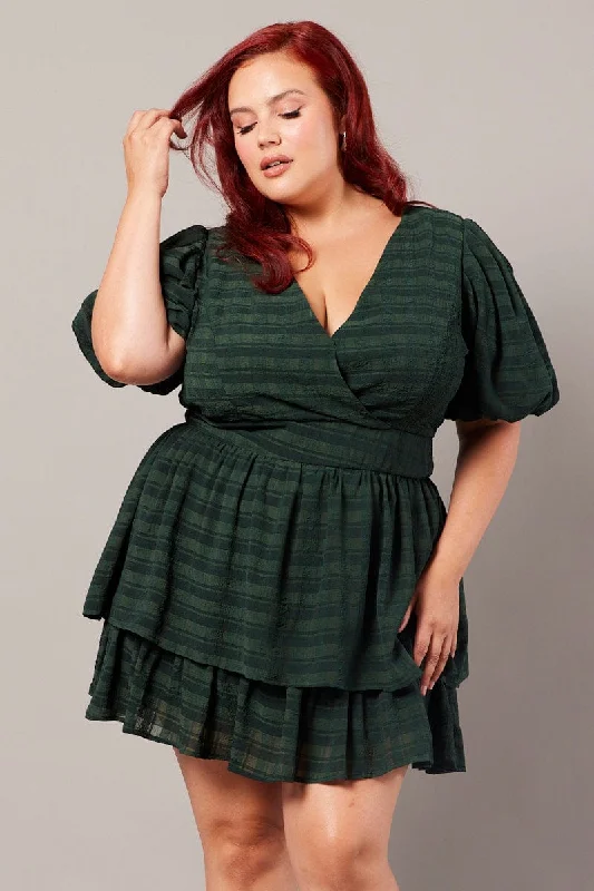 Green Textured Puff Sleeve Frill Dress