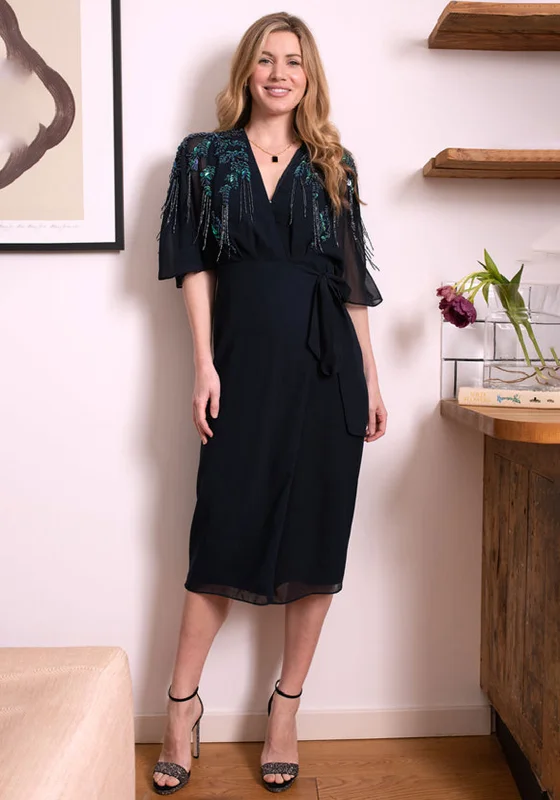 Hope & Ivy Brittany Embellished Wrap Midi Dress, Navy