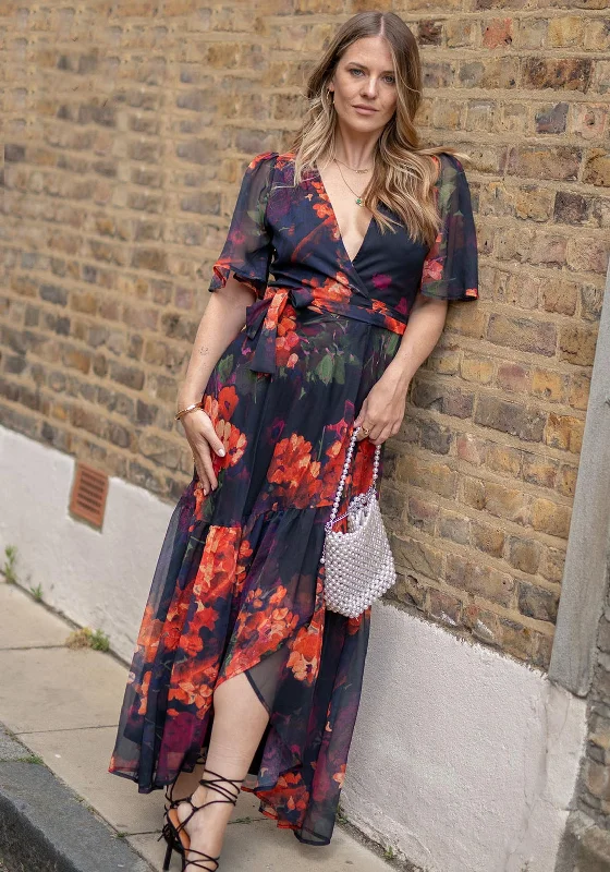 Hope & Ivy Nova Flutter Sleeve Floral Wrap Maxi Dress, Black and Orange