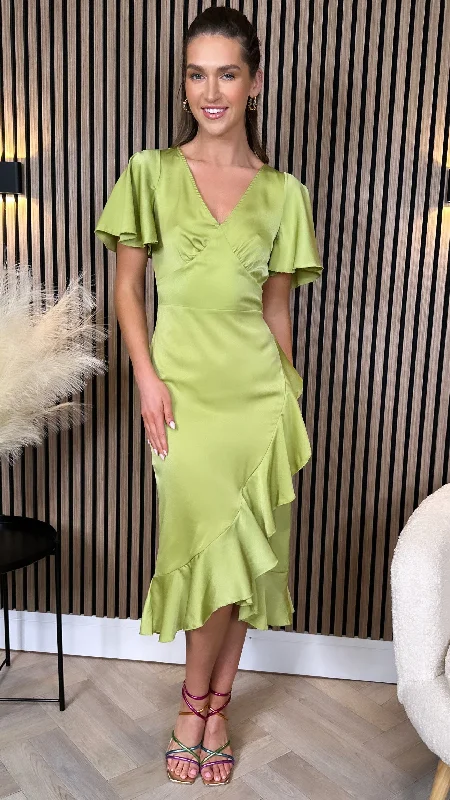 Karen Lime Green Frill Detail Midi Dress