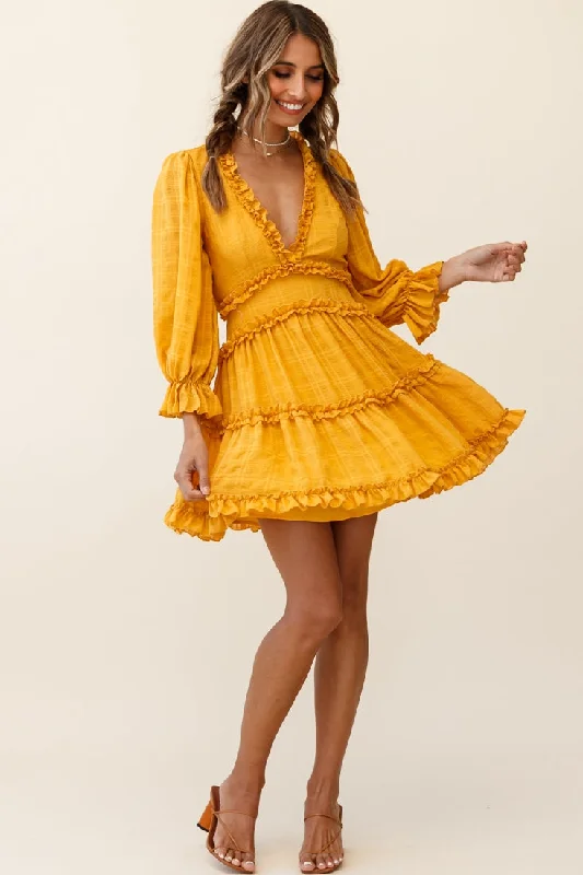 Laney Cutout Back Balloon Sleeve Dress Mustard