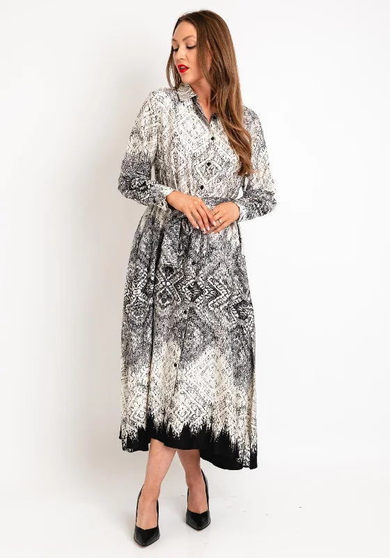 Natalia Collection One Size Scattered Print Shirt Maxi Dress, Black & White