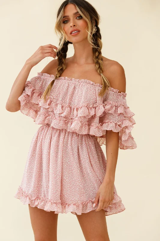 Meet Me At Sunset Bardot Neckline Frill Trim Dress Speckle Print Pink