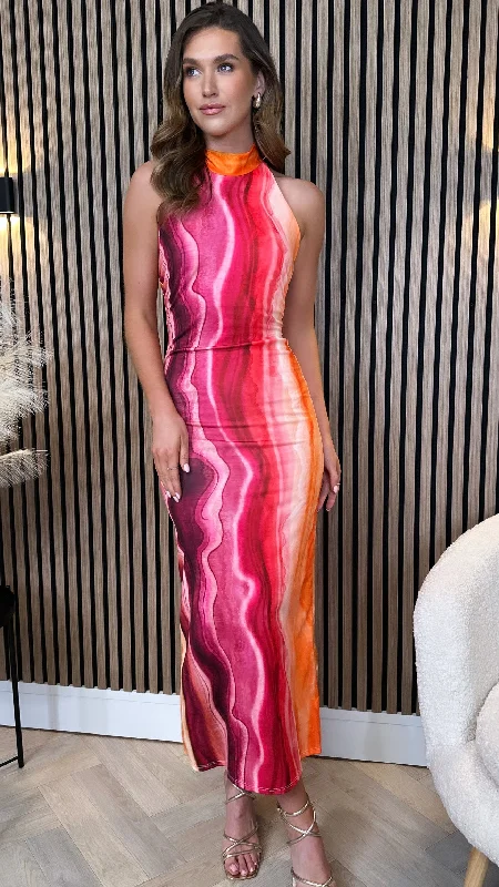 Nicole Fuchsia & Orange Tie Dye Printed Halterneck Midi Dress