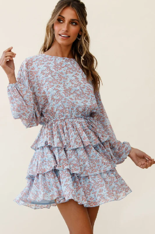 Odessa Long Sleeve Layered Ruffle Dress Floral Print Blue