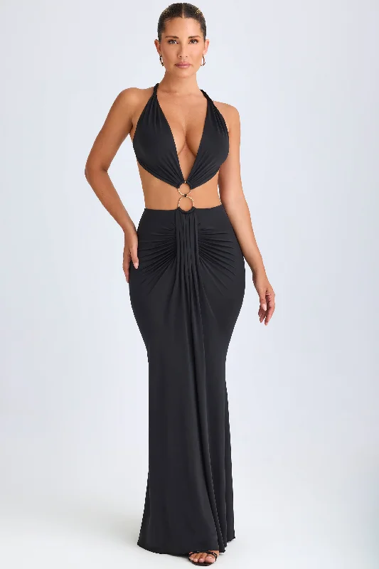 Hardware Detail Cut-Out Halterneck Maxi Dress in Black