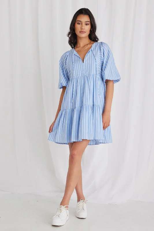 Provocation Blue Stripe Frill Hem Half Sleeve Smock Mini Dress