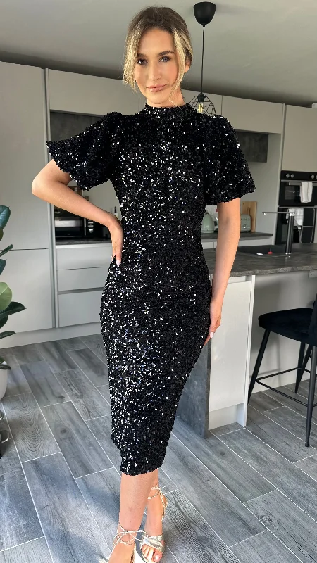 Rachelle Black Sequin Bow Back Detail Midi Dress