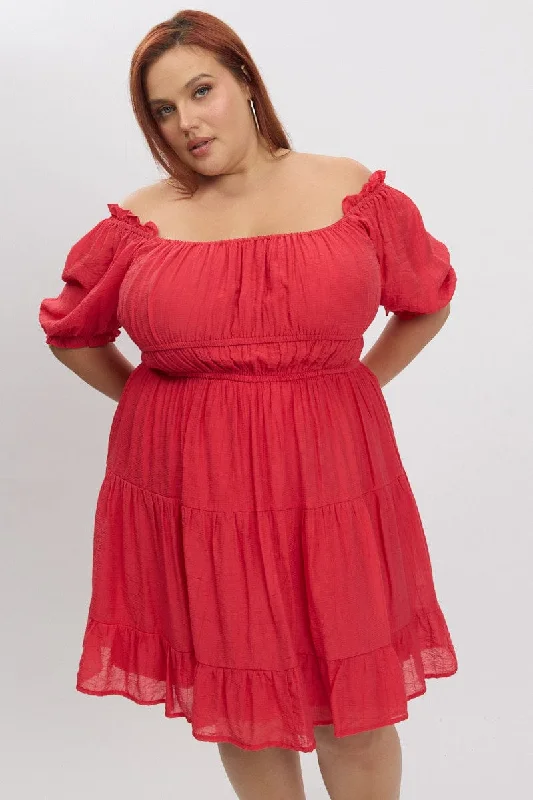 Red Scoop Neck Frill Sleeve Minidress