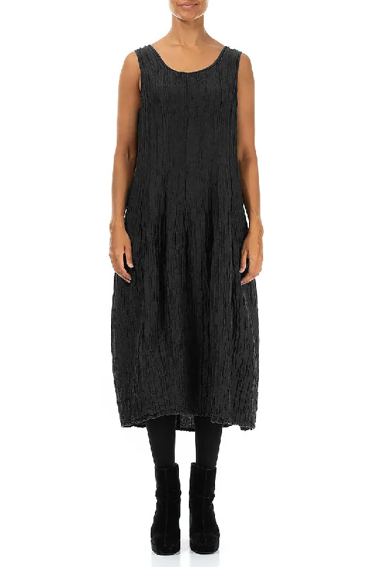 Sleeveless Balloon Crinkled Black Silk Dress