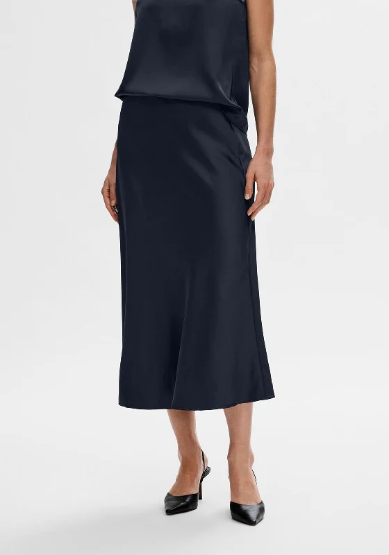 Selected Femme Lena Satin Midi Skirt, Dark Sapphire