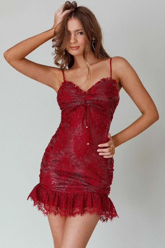 St Tropez Cami Strap Frill Hem Lace Mini Dress Wine