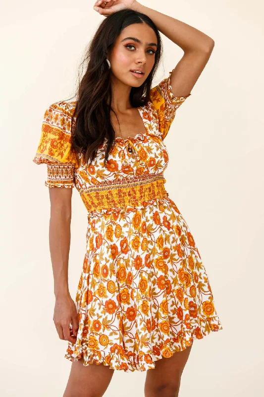 Summer In Paris Puff Sleeve Open Back Dress Floral Print Mustard Multi