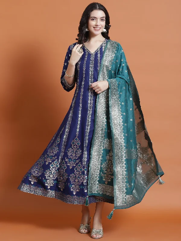 Women Blue Printed Dress With Dupatta