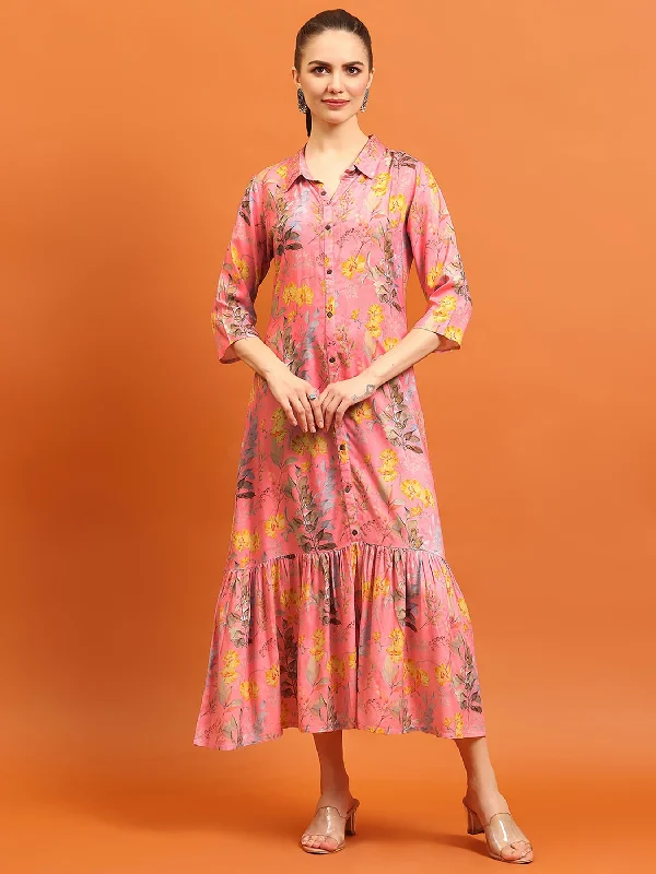 Women Pink Liva Rayon Floral Printed Dress