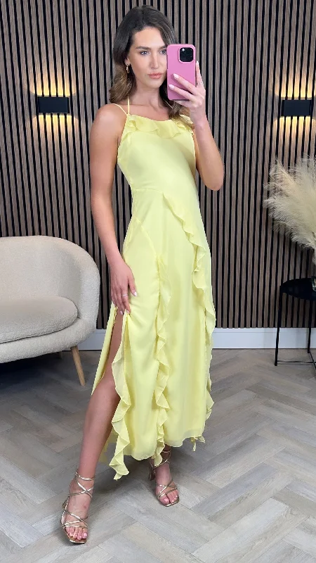 Yolande Yellow Cami Strap Ruffle Detail Midi Dress