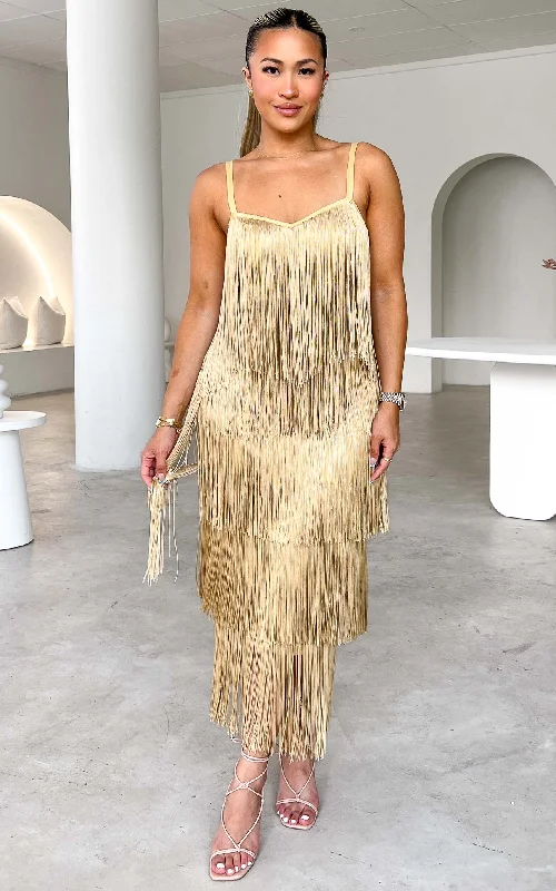 You Found Me Fringe Tassel Maxi Dress - Gold