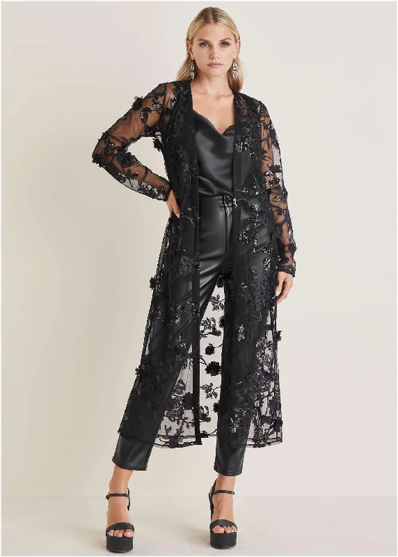 Beaded Lace Long Jacket - Black