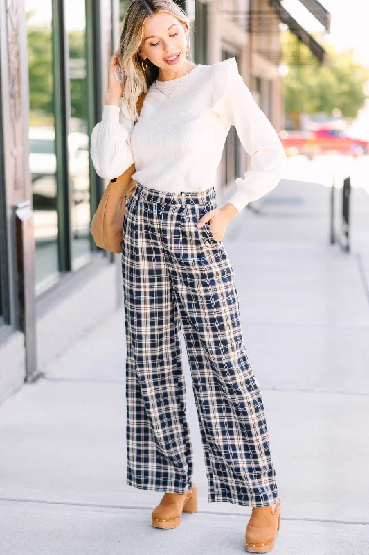 Be Direct Navy Blue Plaid Wide Leg Pants