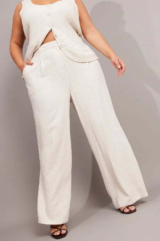 Beige Wide Leg Pants High Rise