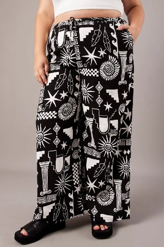 Black Abstract Wide Leg Pants High Rise