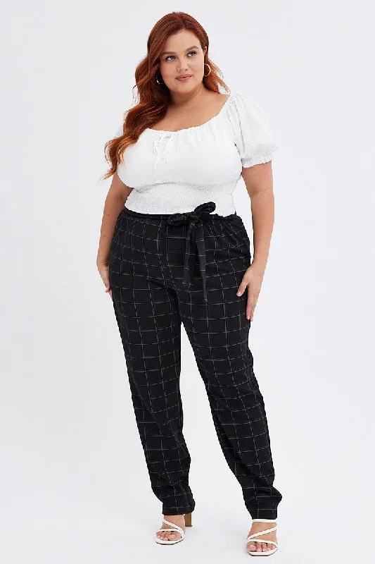 Black Check Slim Pants Tie Waist Stretch