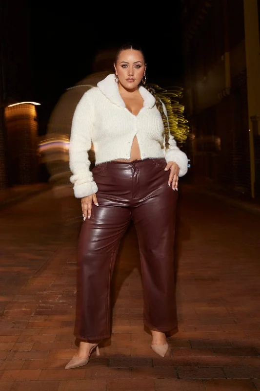 Brown Faux Leather Pants High Button Waist Wide Leg