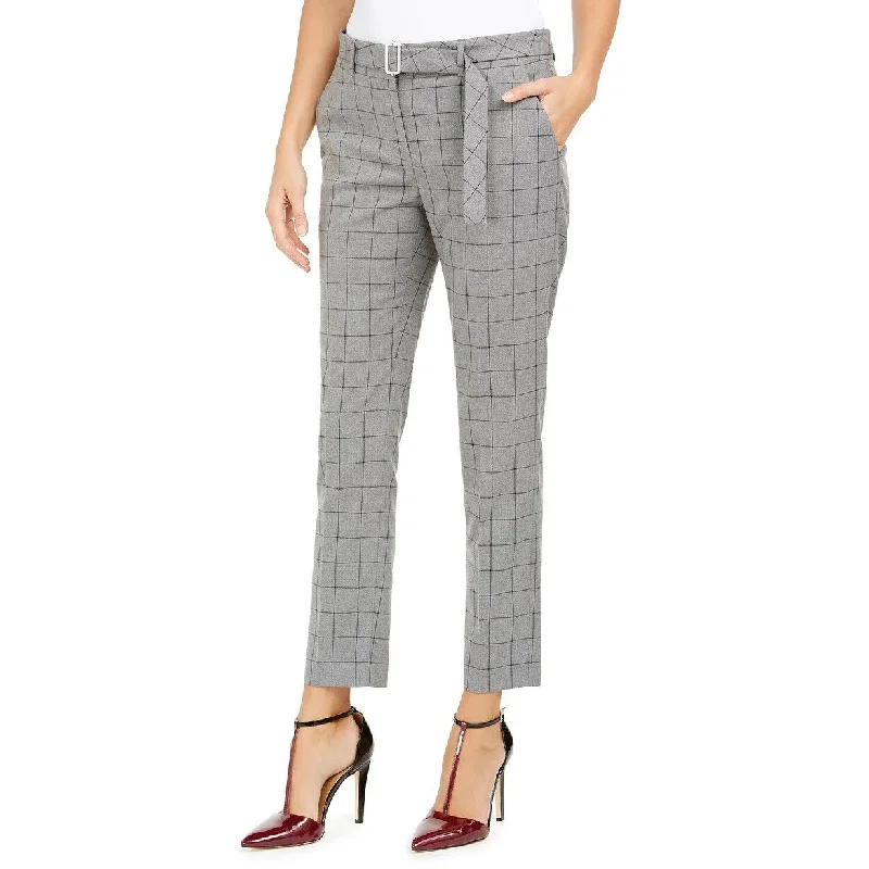 Calvin Klein Women's Windowpane Print Belted Pants Grey Size 16