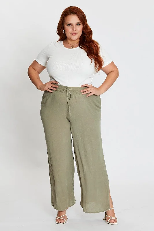 Green Elastic Waist Brown Crinkle Wide Leg Pants