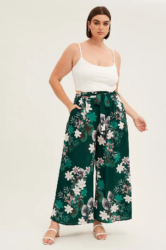 Green Floral Wide Pant Tie Waist Crepe