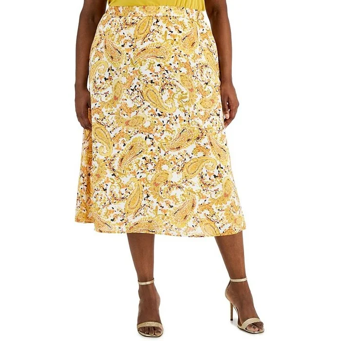 Kasper Women's Paisley Print Pull On Skirt Yellow Size 3X