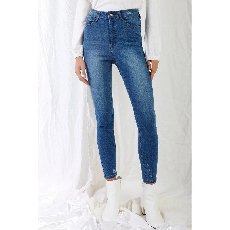 Mid Blue High-waisted With Rips Skinny Denim Jeans