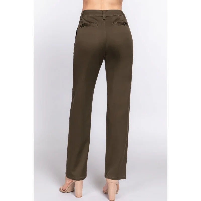 Olive Cotton Straight Fit Twill Long Pants