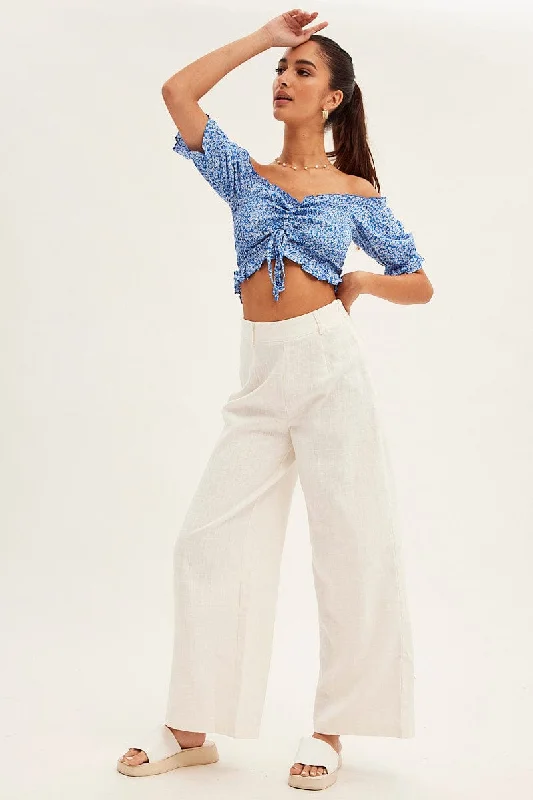 White Pants High Rise Linen Blend Wide Leg