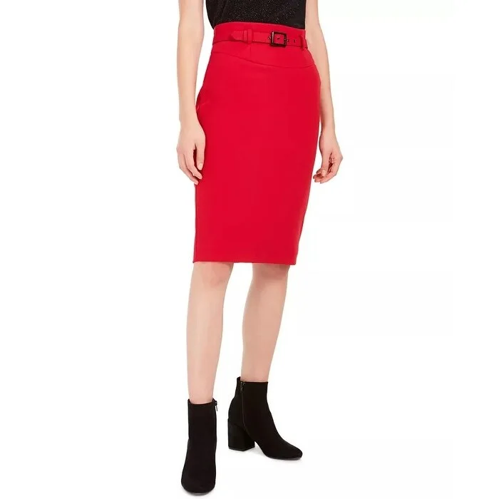 Bar III Women's Belted Crepe Pencil Skirt Red Size 2