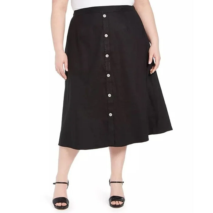 Calvin Klein Women's Plus Button Trim Linen Midi Skirt Black Size 18W